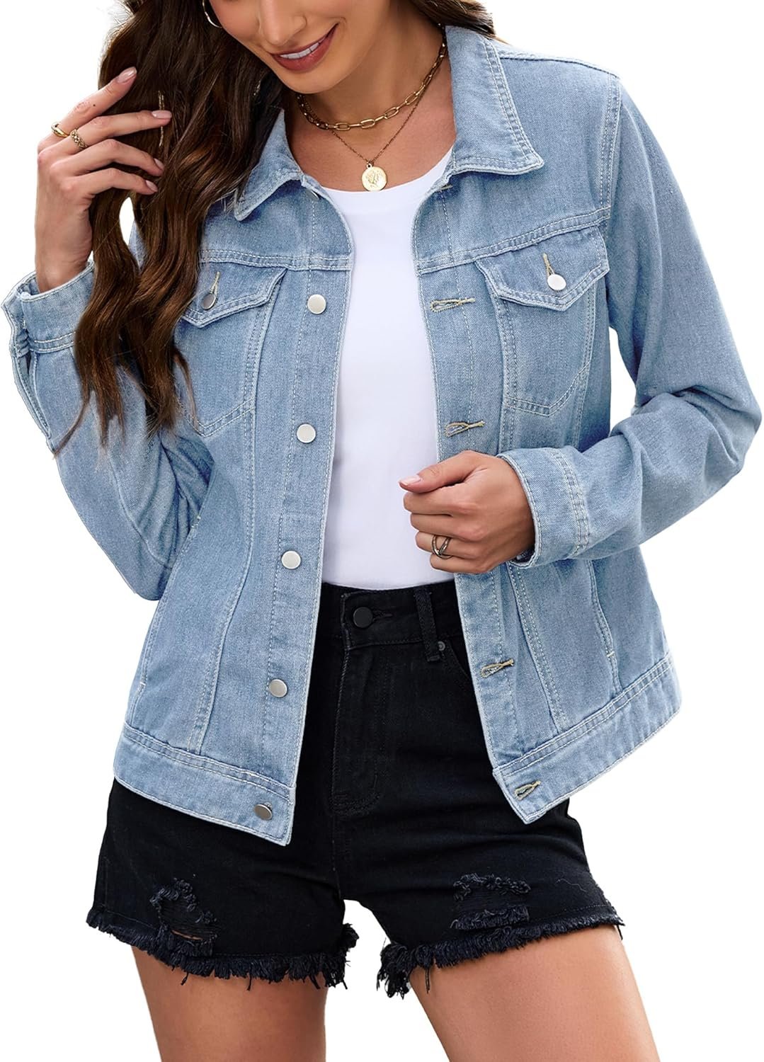 Bosmeer Women’s Casual Jean Jacket Fitted Button Down Cropped Denim Jacket Long Sleeve Stretch Jean Coat with Pockets
