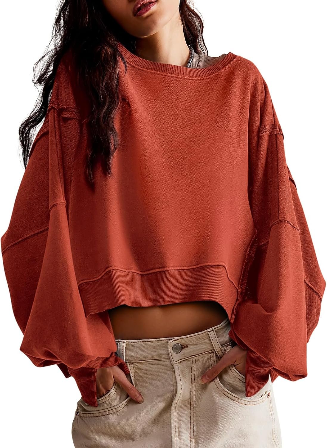 Zwurew Womens Casual Sweatshirt Long Sleeve Tops Crewneck Loose Fit Tee Pullover Crop Tshirt Side Slit Fall Shirts Fashion