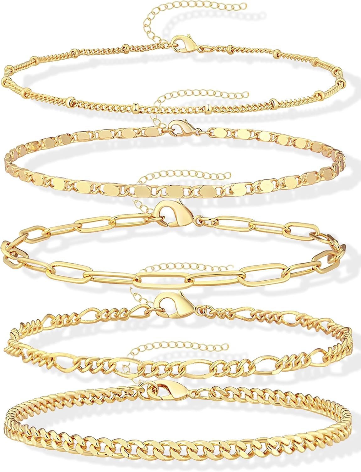 Gokeey Gold Bracelets Set for Women Non Tarnish Trendy,14K Gold Plated Dainty Stackable Paperclip Cuban Link Chain Bracelets, Simple Cute Cuff Bracelets Jewelry Set Adjustable 7″+2″
