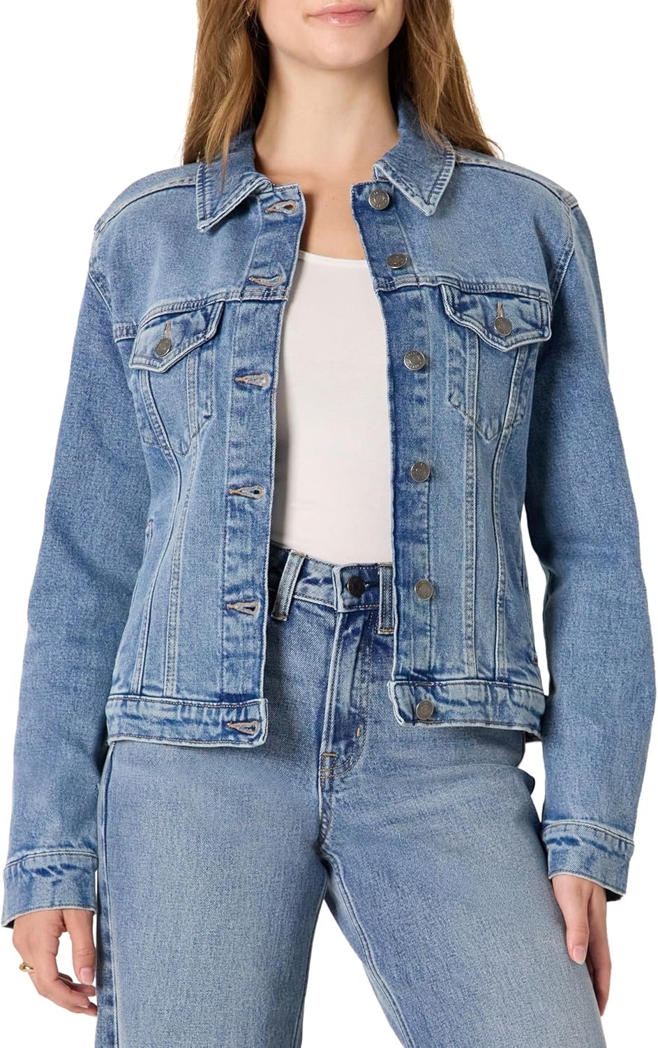 Amazon Essentials Women’s Regular-Fit Low Stretch Denim Trucker Jacket with Pockets