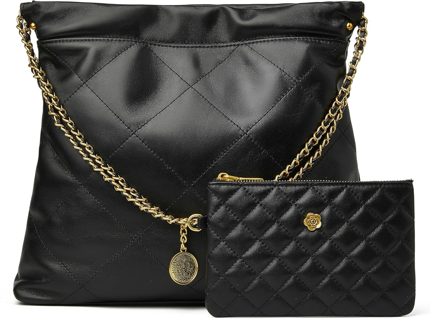 DORIS&JACKY Quilted Leather Tote Bag for Women, Soft Lambskin Designer Shoulder Hobo Chain Purse with 1 Small Clutch