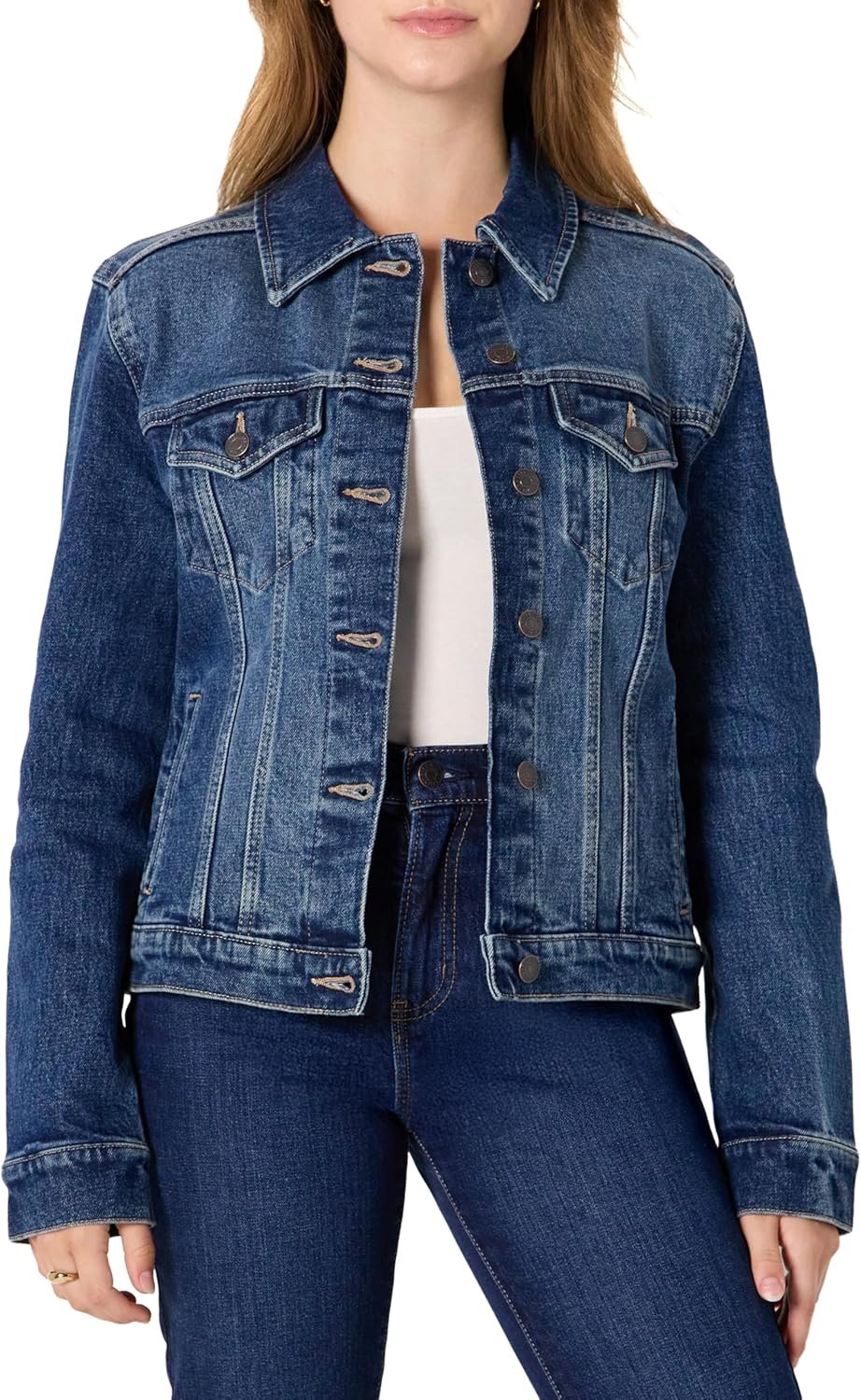 Amazon Essentials Women’s Regular-Fit Low Stretch Denim Trucker Jacket with Pockets
