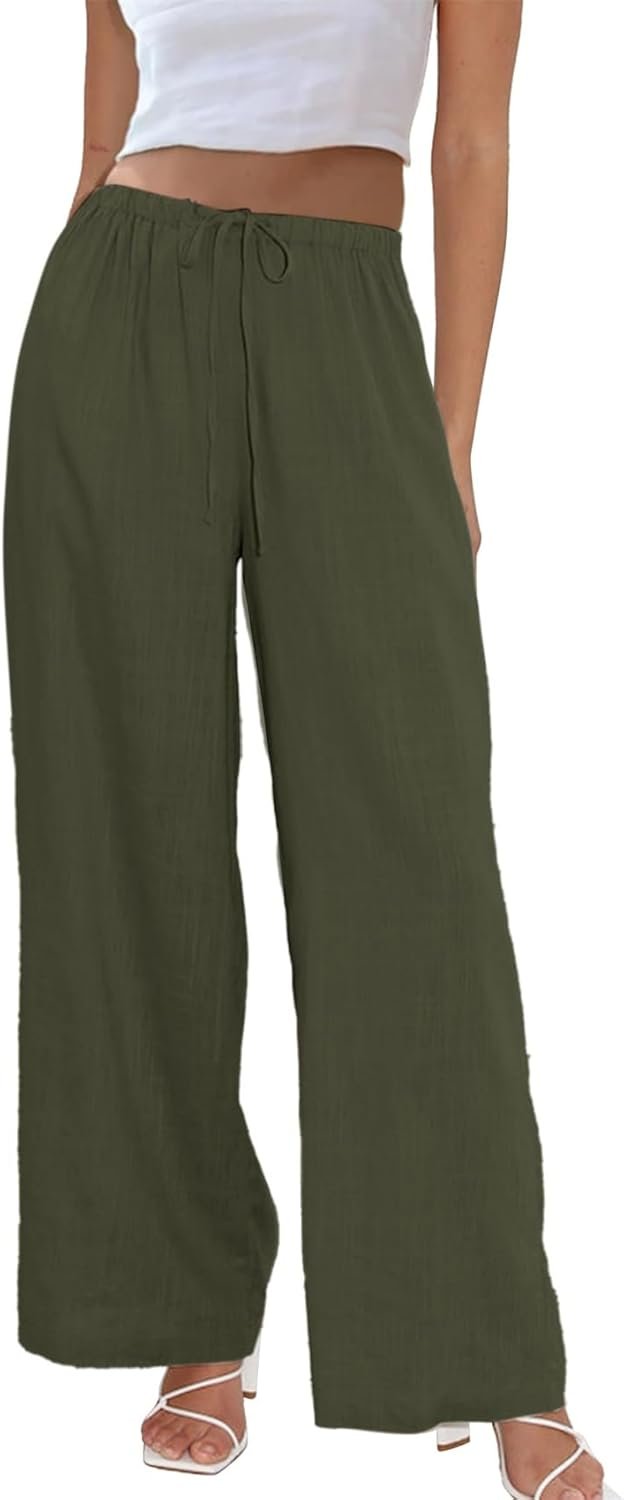 Duyang Womens Cotton Linen Palazzo Pants Drawstring Elastic Waist Casual Wide Leg Trousers with Pockets