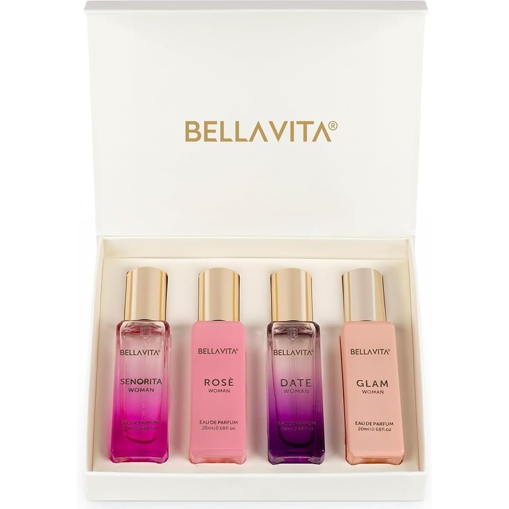 Bellavita Luxury Women’s Perfume Gift Set with Rose, Senorita, Date, and Glam | 80ml | Perfume for Women | Pink Pepper, Yuzu and Floral Peach | Long Lasting Fragrance |Mother’s day present