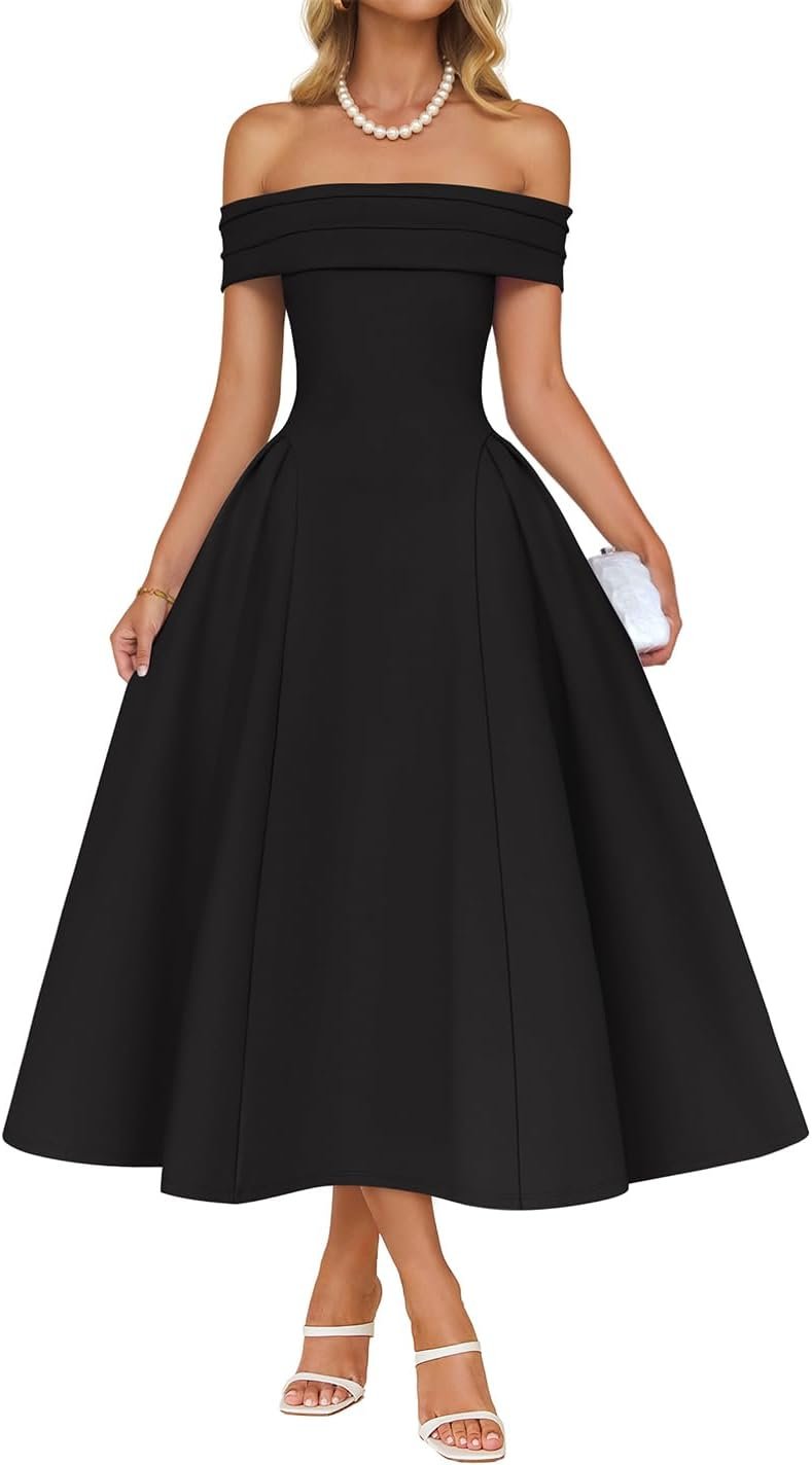 ZESICA Summer 2026 Cocktail Dresses for Women’s Off Shoulder Short Sleeve Swing A Line Wedding Evening Party Midi Dress