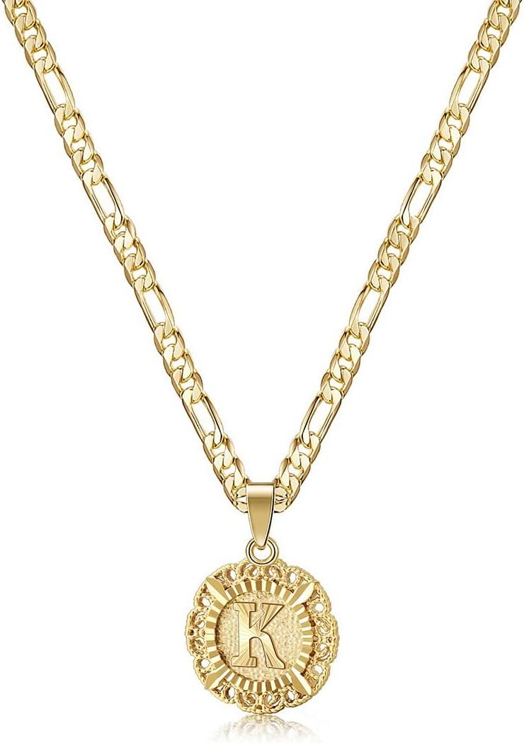 KissYan Initial Necklaces for Women, 14K Gold Plated Round Letter Pendant Capital Monogram Necklace Alphabets from A-Z Figaro Chain Jewelry