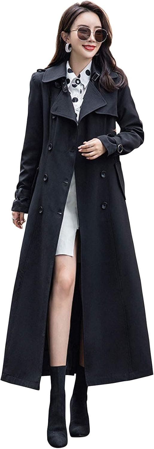ebossy Women’s Double Breasted Duster Trench Coat Slim Full Length Maxi Long Overcoat