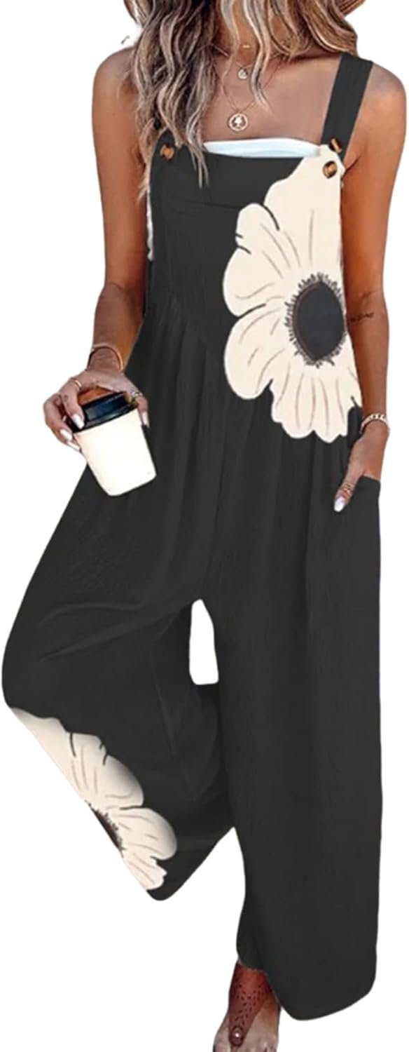 Women’s Jumpsuits 2026 Summer Floral Overalls One Piece Outfits Sleeveless Wide Leg Pants Rompers with Pockets