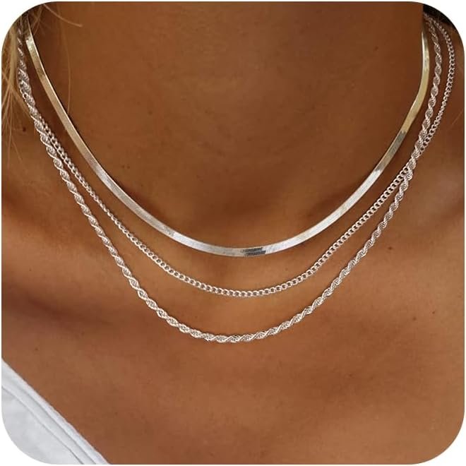 Freekiss Women’s Layered Necklace Set – 3 Piece Dainty Gold Jewelry for Everyday Stacking | 14K Gold Plated Snake Chain, Rope Chain, Cuban Chain | Adjustable Length 14-18.5 Inch | Gift Ready