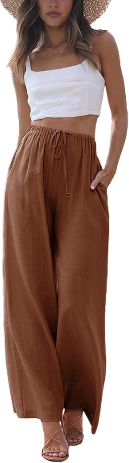 Faleave Women’s Cotton Linen Summer Palazzo Pants Flowy Wide Leg Beach Trousers with Pockets