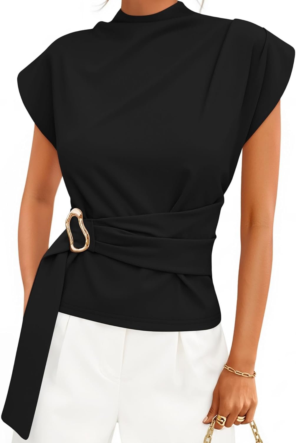 ZESICA Women’s 2026 Summer Cap Sleeve Blouse Mock Neck Business Casual Tops Spring Dressy Tunic Work Shirts