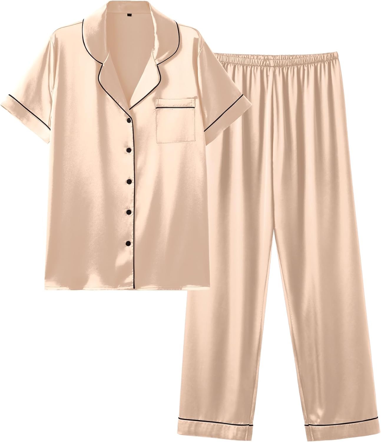 Ekouaer Satin Pajamas Set Women Short Sleeve Sleepwear Soft Button Down Loungewear Pjs Set