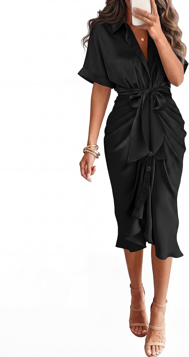 BTFBM Dresses for Women Summer Button Short Sleeve Silk Satin Ruched Spring Maxi Dress 2026 Cocktail Party Wedding
