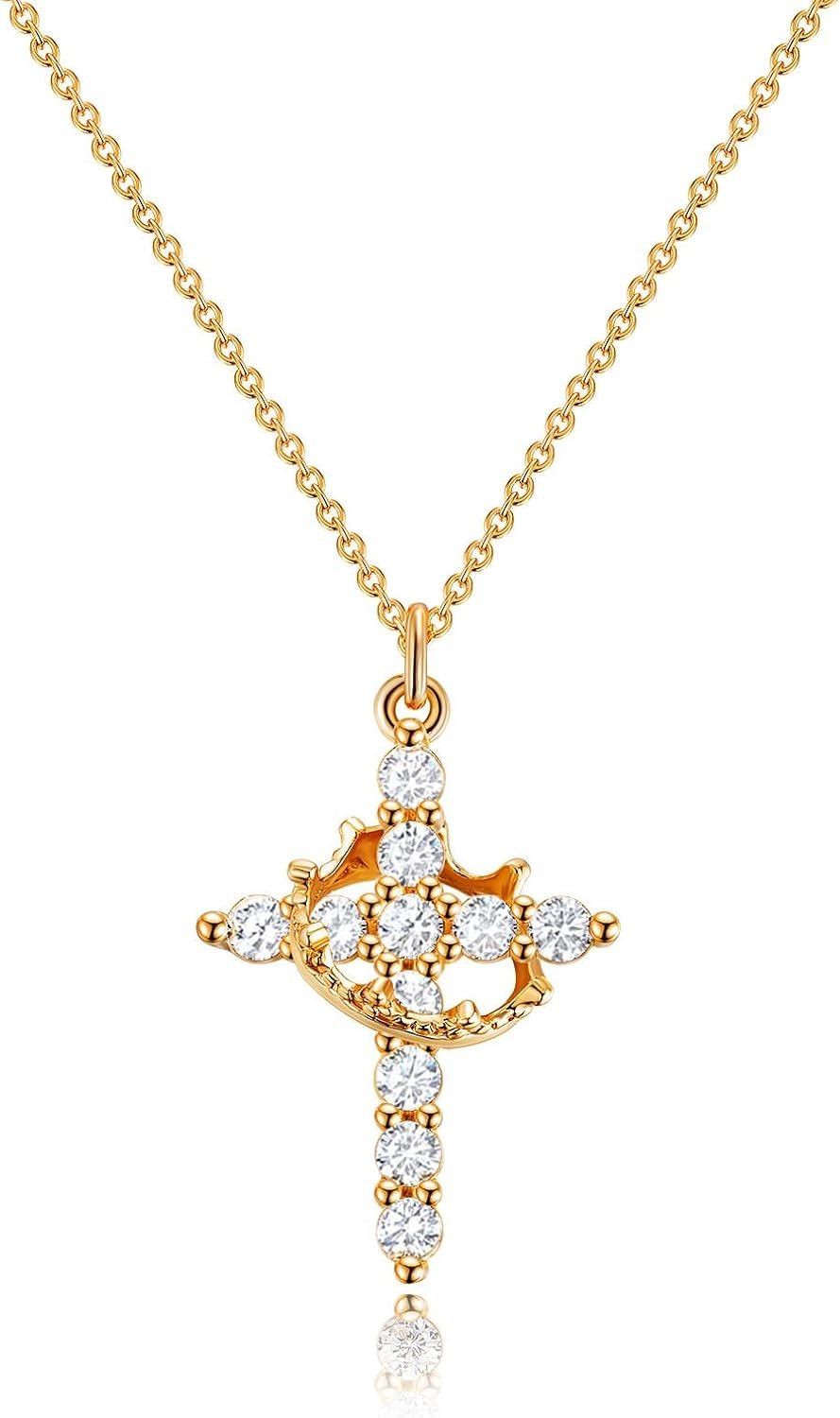 Robaice Cross Necklace for Women, 14K Gold Plated Crown Cross Pendant Necklace, Non-Tarnish Faith Jewelry for Women, Christian Religious Gifts