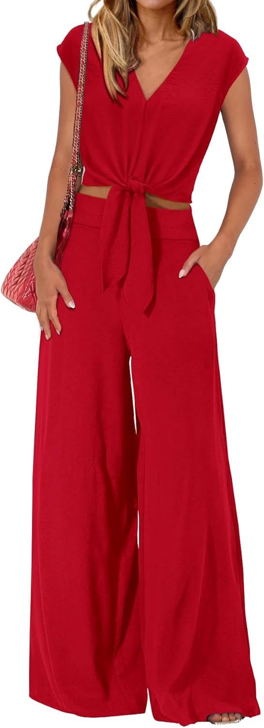 PRETTYGARDEN Women’s Summer 2 Piece Outfits 2026 Cap Sleeve V Neck Belted Crop Tops Wide Leg Pant Sets Casual Tracksuit