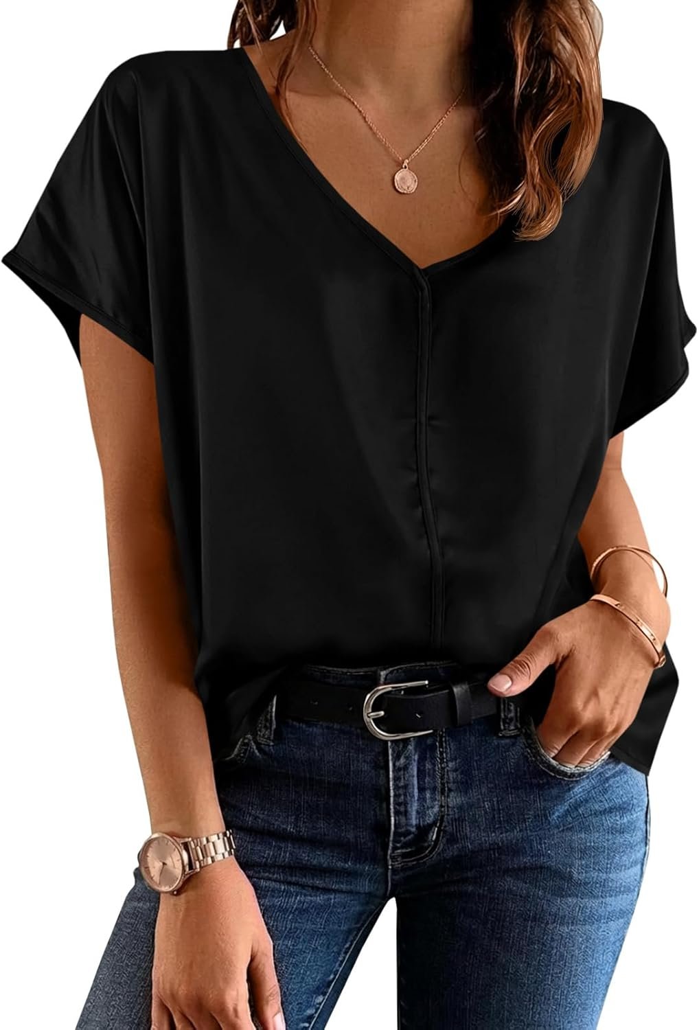 Fisoew Womens Silk Satin Blouses Cap Short Sleeve Dressy Casual Tops V Neck Summer Business Work Office Shirts