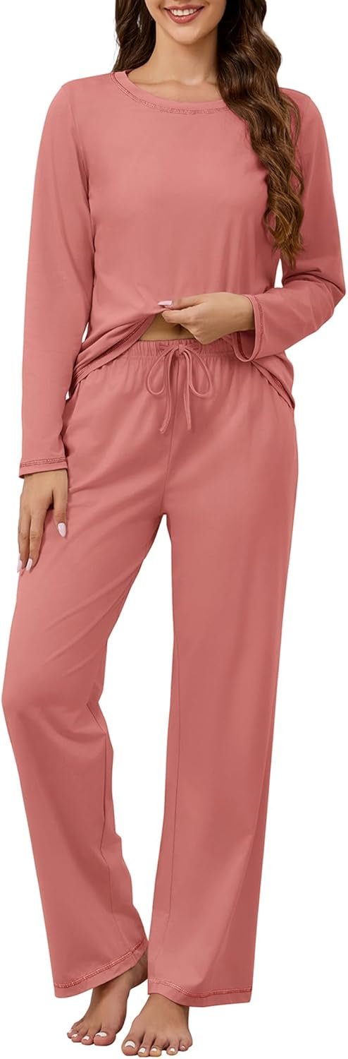 KCW Womens Pajamas Sets 100% Cotton 2 Piece Lounge Set Long Sleeve Tops and Pants Soft Pjs Sleepwear with Pockets