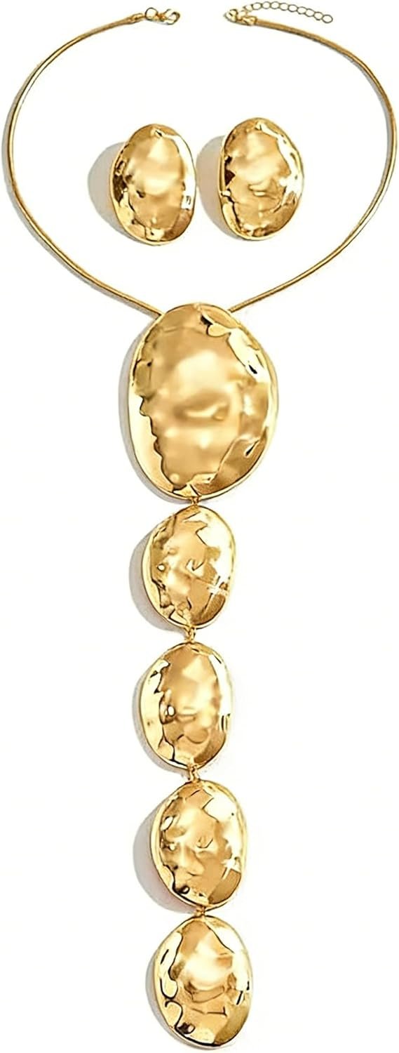 Chunky Statement Jewelry Set Gold/Silver Chunky Irregular Ellipse Extra Large Long Geometric Hammered Pendant Necklace Earrings Fashion Party Outfit Highlight Jewelry Accessory for Women