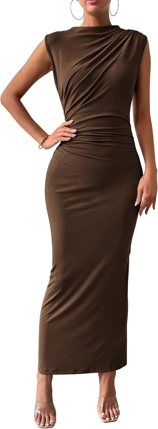 BTFBM Women Ruched Bodycon Maxi Dresses Summer Casual Sleeveless Lightweight Slit Elegant Cocktail Wedding Guest Dress