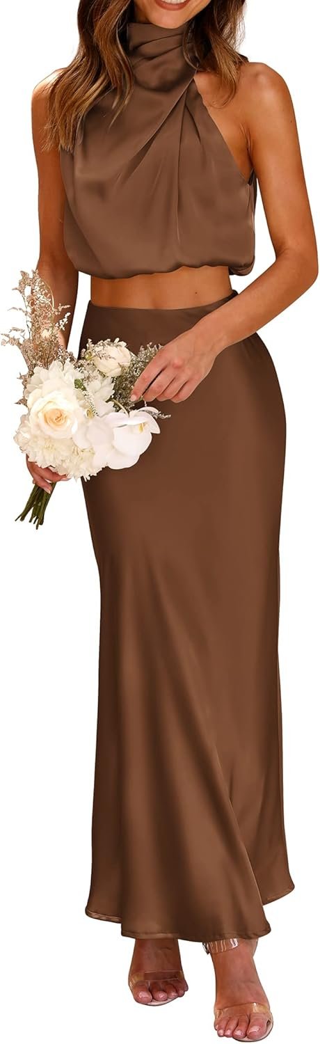 PRETTYGARDEN Women’s 2 Piece Satin Outfits Summer Sleeveless Mock Neck Crop Tops and Long Skirt Dress Sets