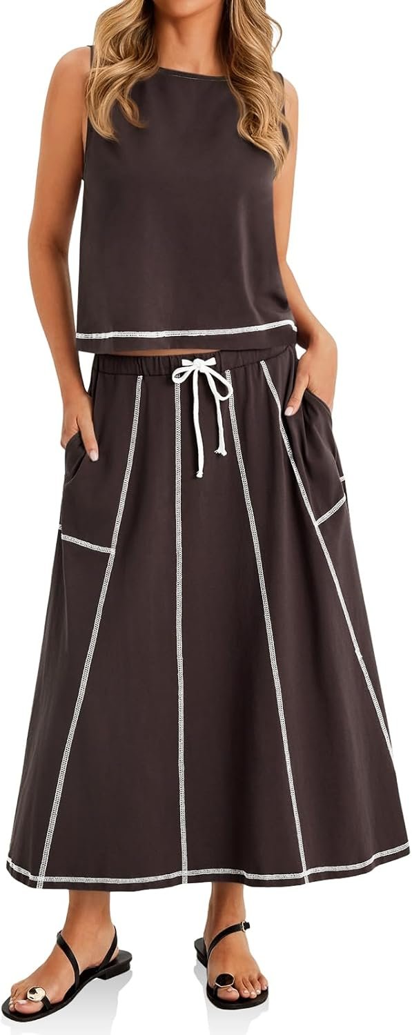 Cicy Bell Womens 2 Piece Outfits Cropped Sleeveless Tank Tops Lounge Sets High Waisted Drawstring Maxi Skirt Matching Sets