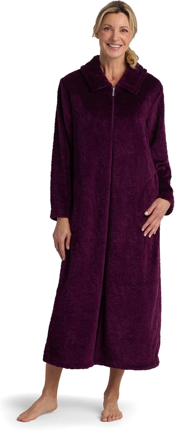 Miss Elaine Women’s Long Fleece Robe, Long Sleeves and Zipper Front Closure, Collared Neck with Side Pockets