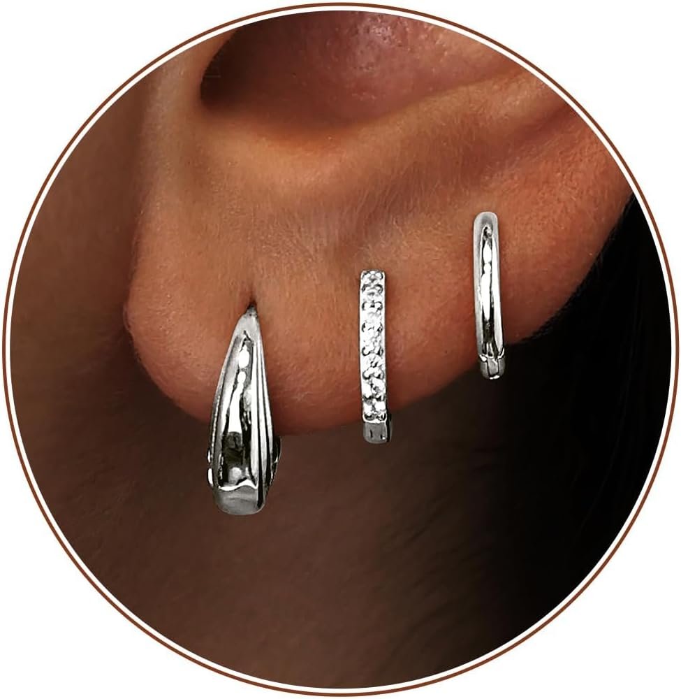 Poxtex Small Sterling Silver Huggie Hoop Earrings Set for Women, Hypoallergenic 14K Gold Plated Hoops Stacks for Multiple Piercings, Dainty Cute Mini Lightweight Cartilage Studs Trendy Jewelry Gift