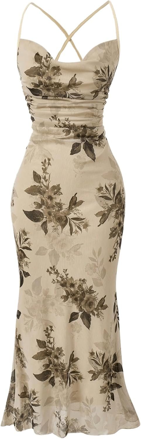 SOLY HUX Women’s Floral Mesh Bodycon Cami Dress Cowl Neck Sleeveless Cocktail Party Wedding Guest Long Maxi Dresses