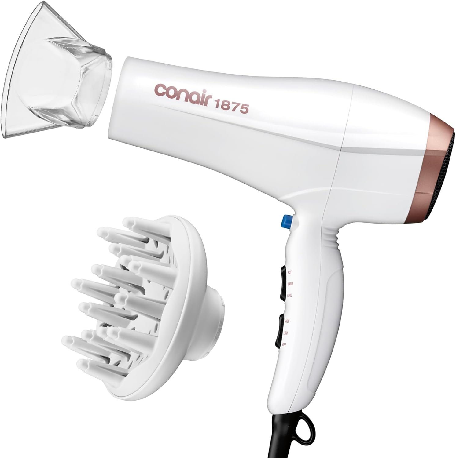 Conair Double Ceramic Hair Dryer with Ionic Conditioning, Includes Diffuser & Concentrator Nozzle, Frizz-Free Blow Dryer for All Hair Types, White, 566DCN