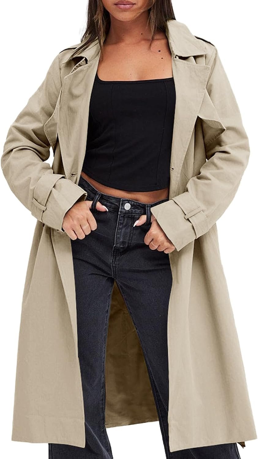 Fisoew Women’s Double Breasted Trench Coats Causal Windproof Long Lapel Pocketed Overcoat with Belt
