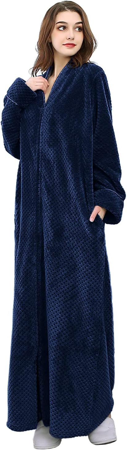 Hellomamma Womens Robes Warm Plush Winter Robe, Zip up Long Fleece Bath Robes Female, Zipper Bathrobes for Women