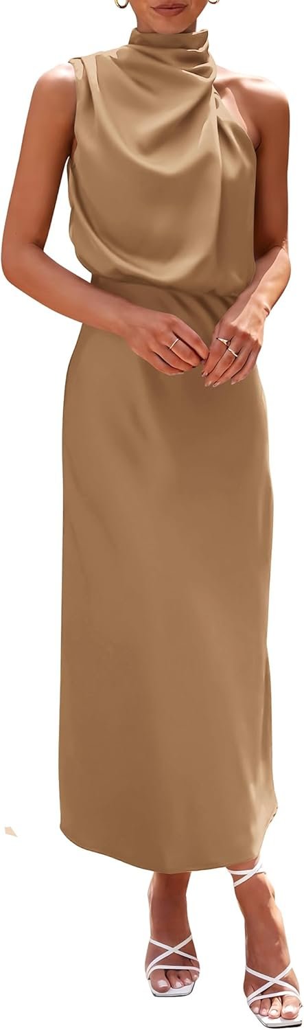 PRETTYGARDEN Women’s 2026 Summer Satin Dress Elegant Sleeveless Mock Neck Cocktail Party Maxi Dresses
