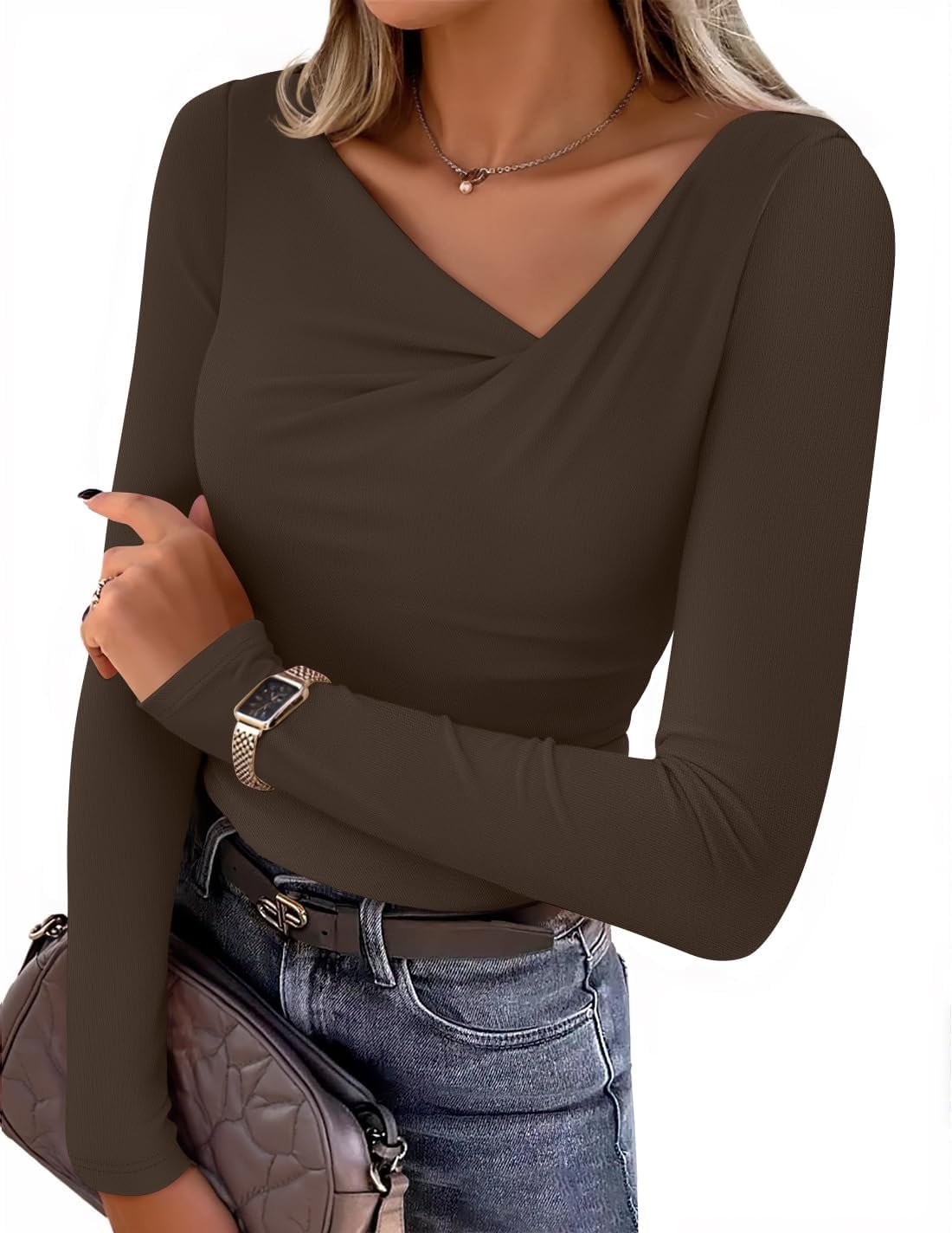ZESICA Women’s Long Sleeve Asymmetrical Neck T Shirts 2026 Spring Fall Fashion Outfits Ruched Slim Fit Blouses Going Out Tops