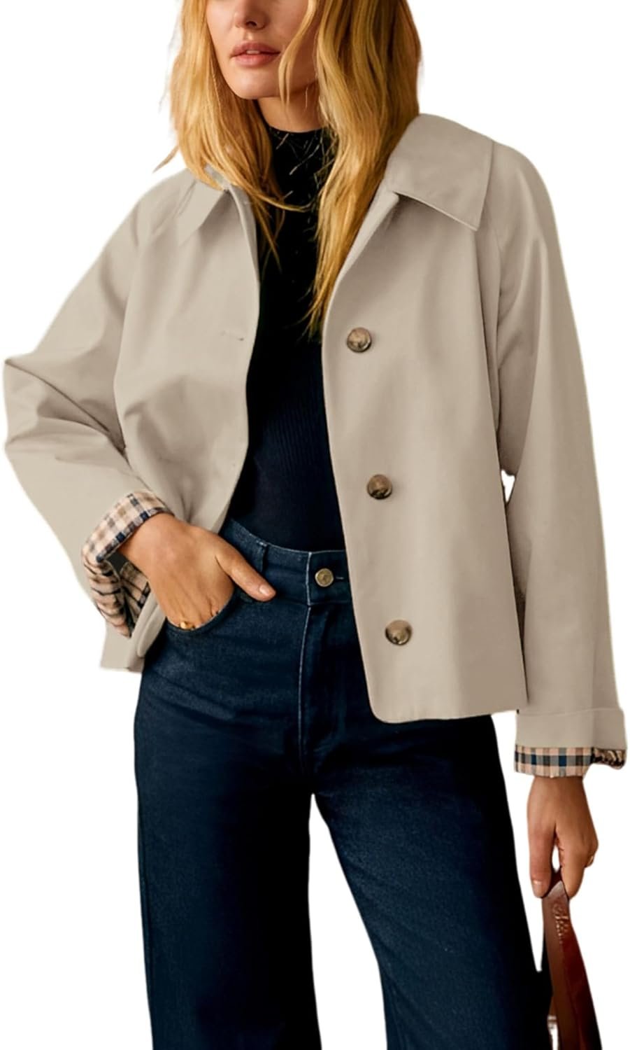 Yeokou Women Oversize Trench Coat Plaid Lining Lapel Button Down Casual Crop Jacket Outwear with Pockets