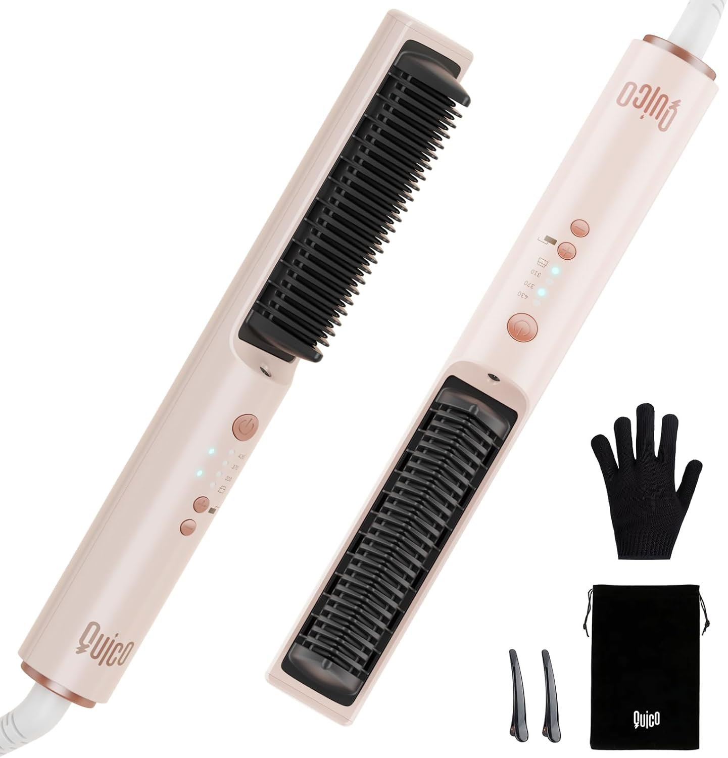 Quico Hair Straightener Brush, 100-240V Dual Voltage Ionic Straightener Brush for Women, Ceramic Travel Hair Straightener Comb, Electric Hot Comb Flat Iron, Auto Temp Lock & Auto-Off Function, Pink