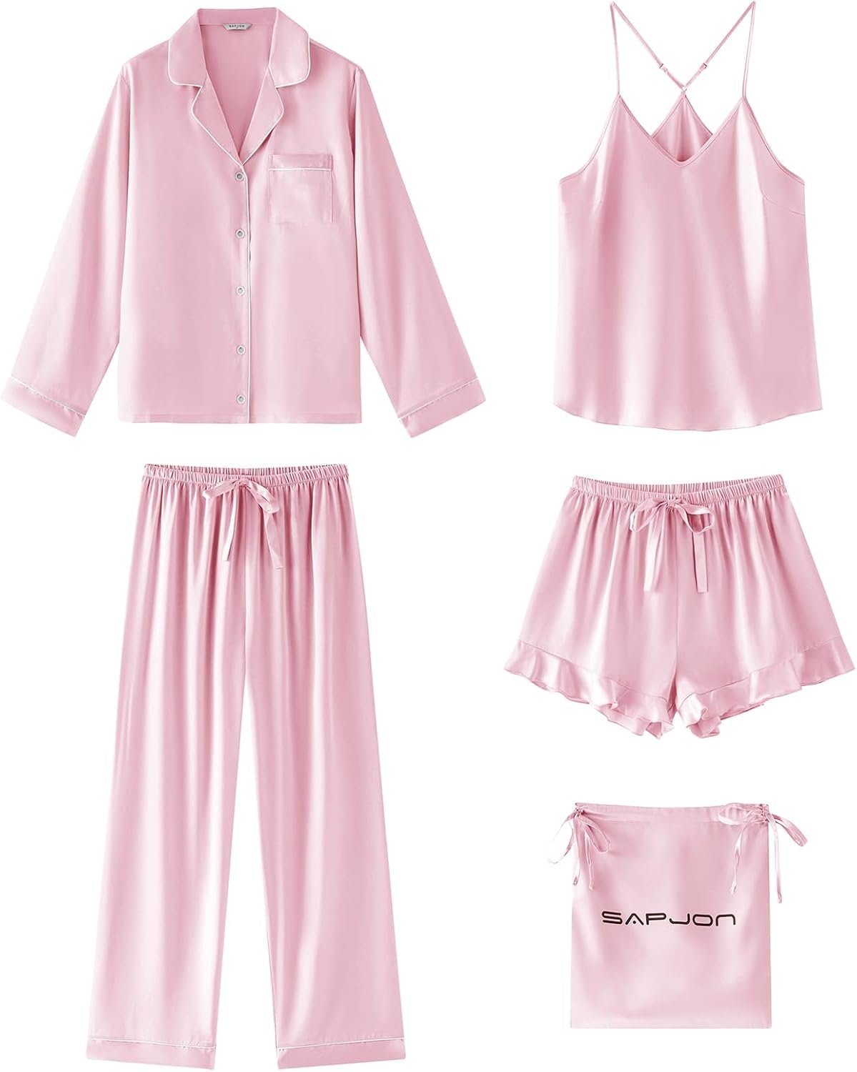 SAPJON Satin Silk Pajamas for Women Set 5PCS Classic Button Down Pajamas Top and Pants Cami and Ruffle Shorts Sleepwear