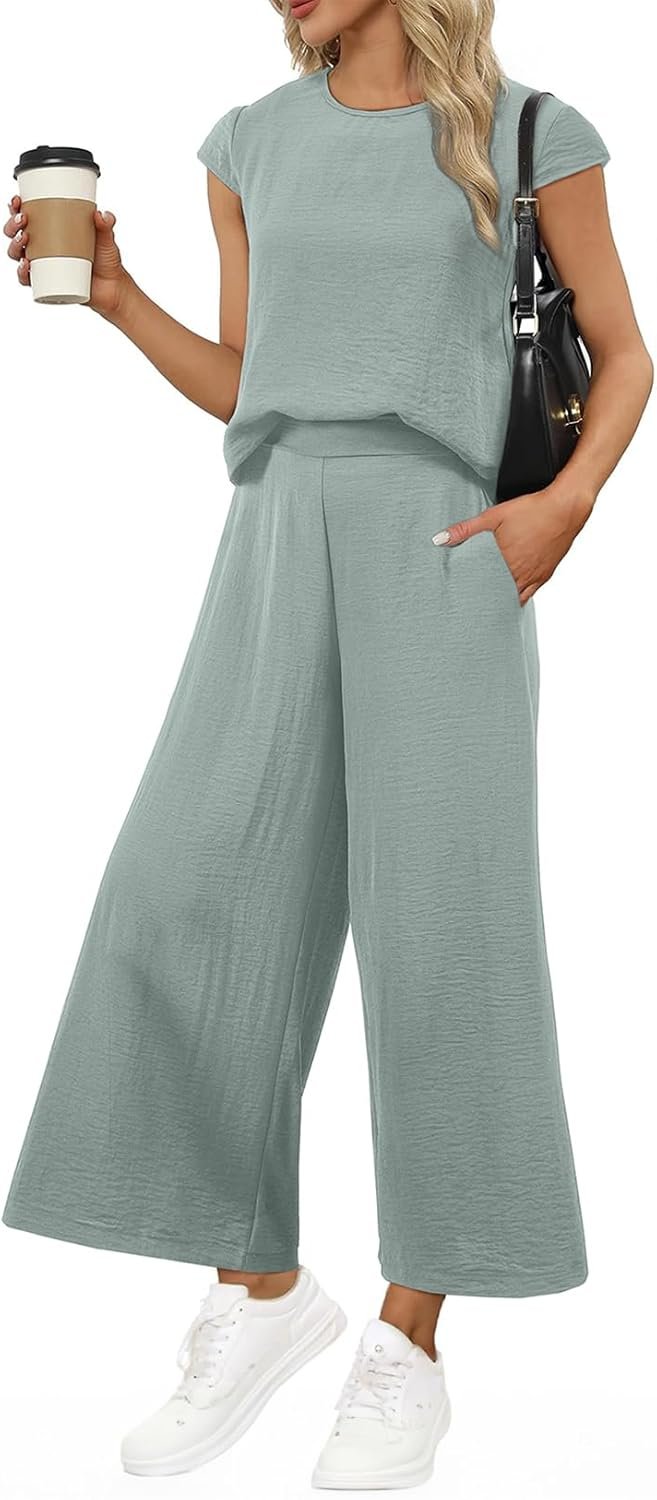 EVALESS Women’s Summer 2 Piece Outfits Fashion 2025 Cap Sleeve Top and Wide Leg Pants Matching Set Vacation Outfits