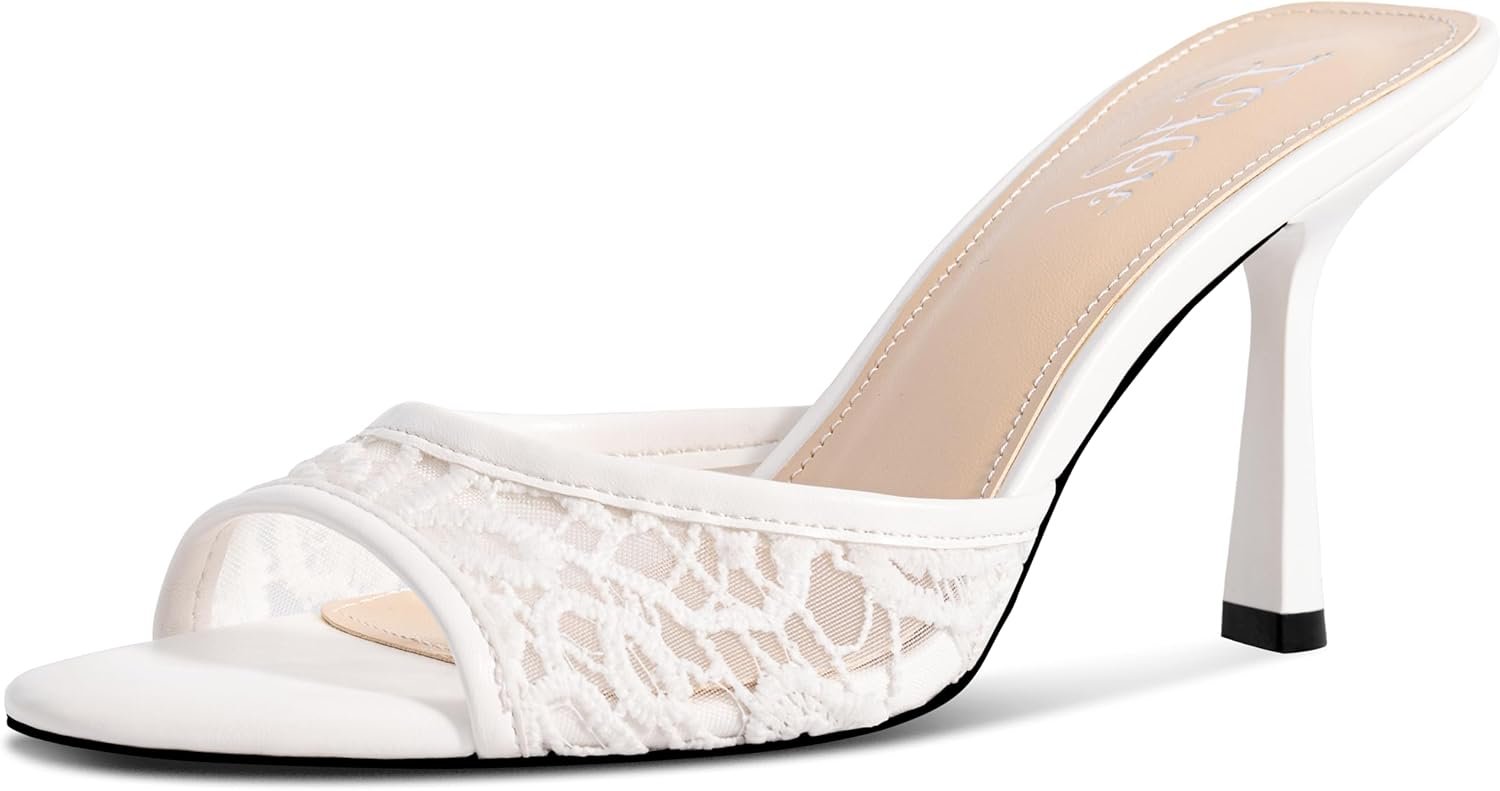 Women’s Kitten Heels Open Toe Mules Heels Slip On Lace Heeled Sandals Summer Dress Shoes for Party Wedding