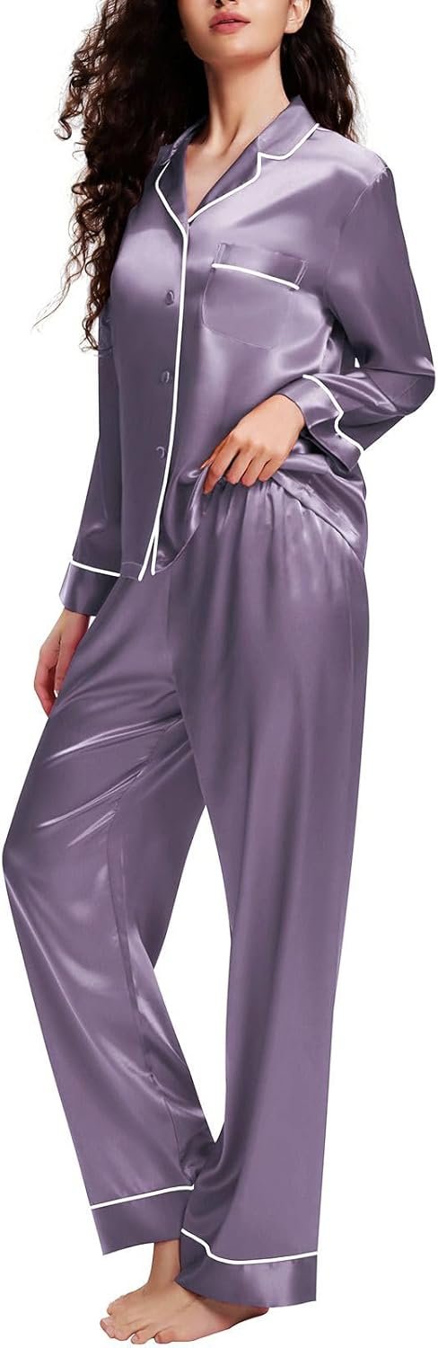Lonxu Silk Satin Womens Pajama Sets Button Down Sleepwear Loungewear XS~3XL