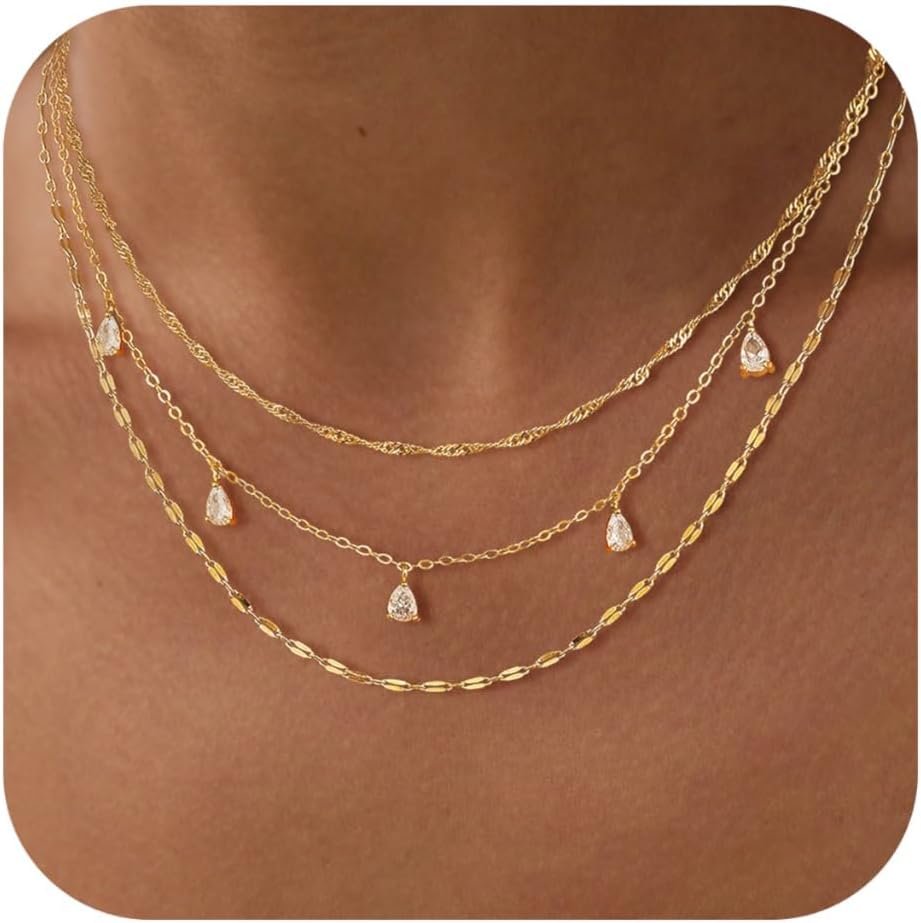 Layered Necklaces for Women, Dainty Gold Necklace Stack 14k Gold Plated Layering CZ Chain Choker Necklaces for Women Trendy Simple Non Tarnish Gold Necklaces Set Fashion Bridal Prom Jewelry
