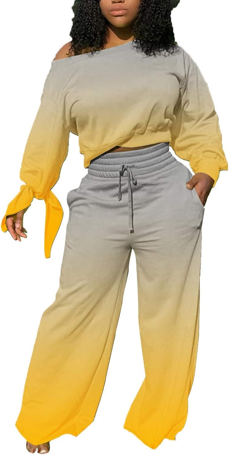 sexycherry Casual 2 Piece Outfits for Women Long Sleeve Sweatsuit Jogging Straight Long Pants Sets with Pockets