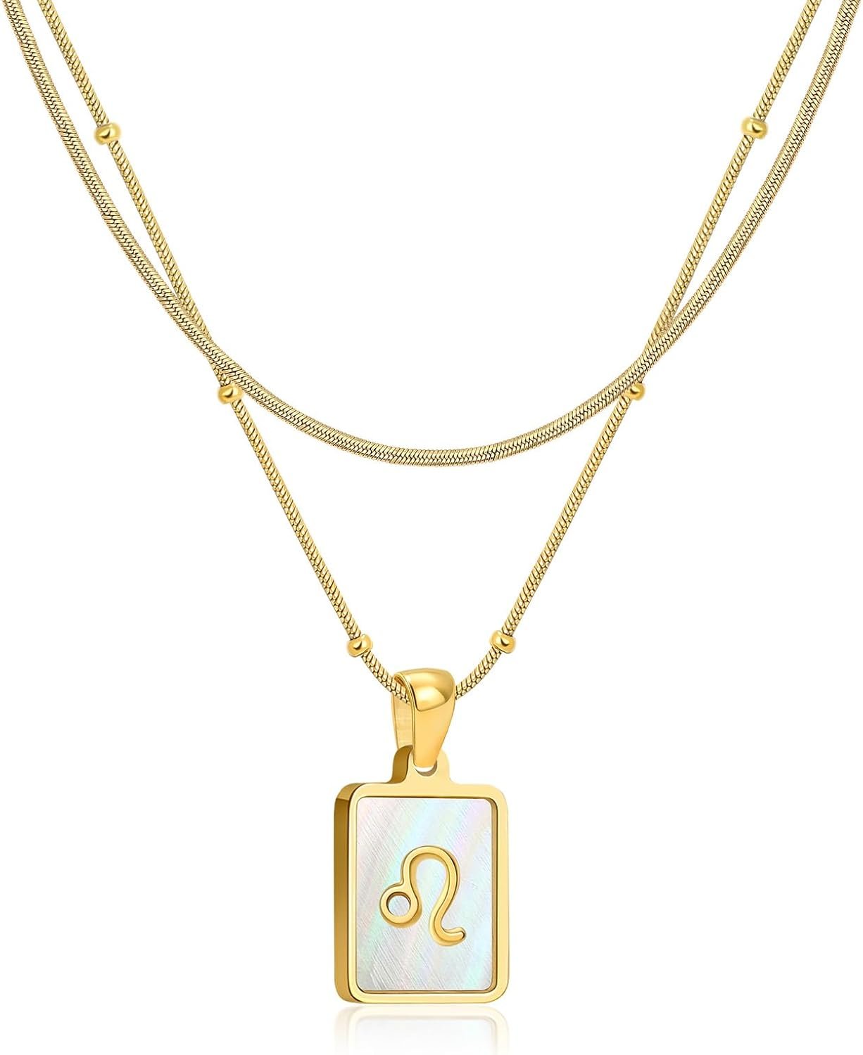 LETFLY Zodiac Natural Shell Layered Gold Necklace for Women, Gold Plated Square Shaped Pendant with Adjustable Layered Snake Chain Birthday Jewelry Gifts for Womens
