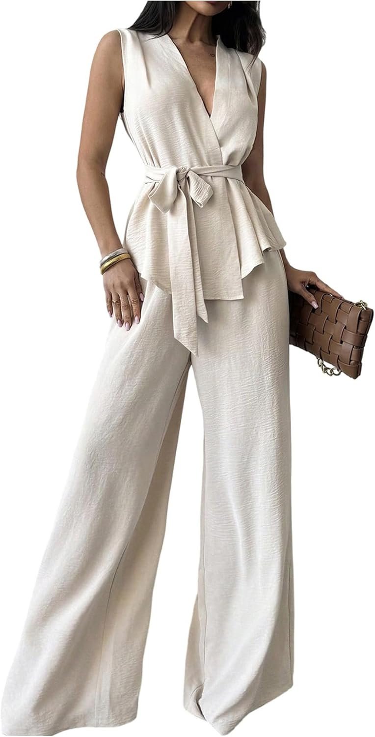 Verdusa Women’s 2 Piece Old Money Clothes Tie Waist Wrap Vest with Dress Pants Clothing Sets