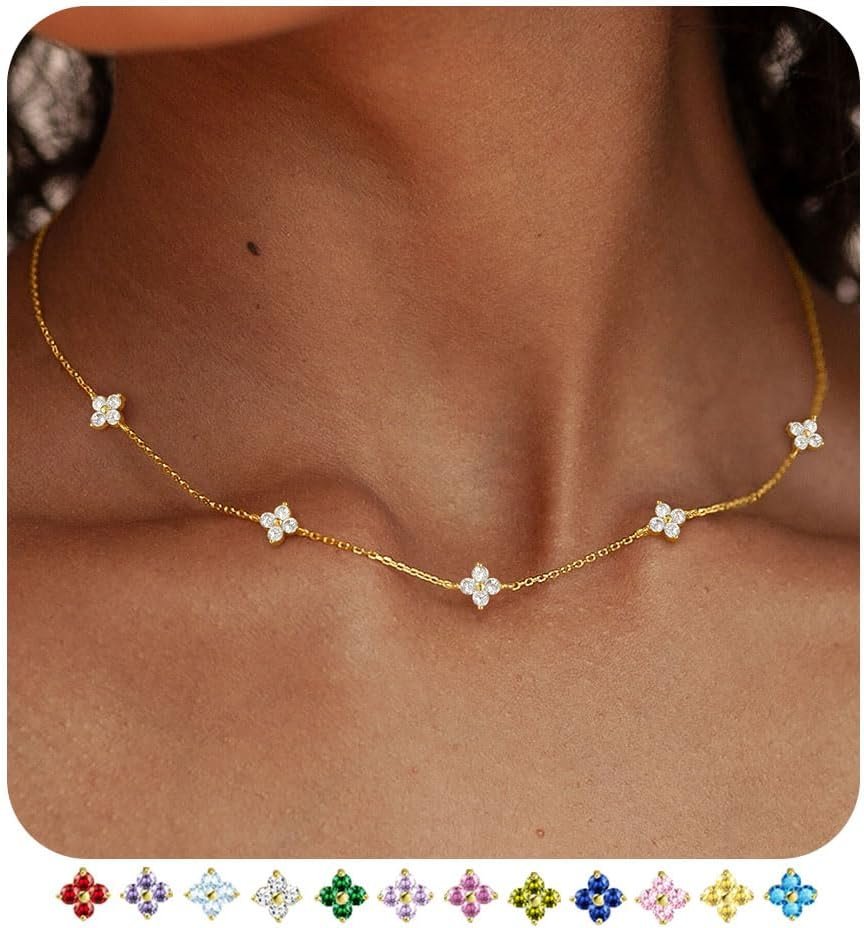 Dainty Clover Birthstone Gold Necklaces for Women Trendy Non Tarnish Layered 14K Gold Plated Station Choker Necklace Cute Flower Friendship Necklace Stack for Wedding Prom Brides Jewelry Gifts