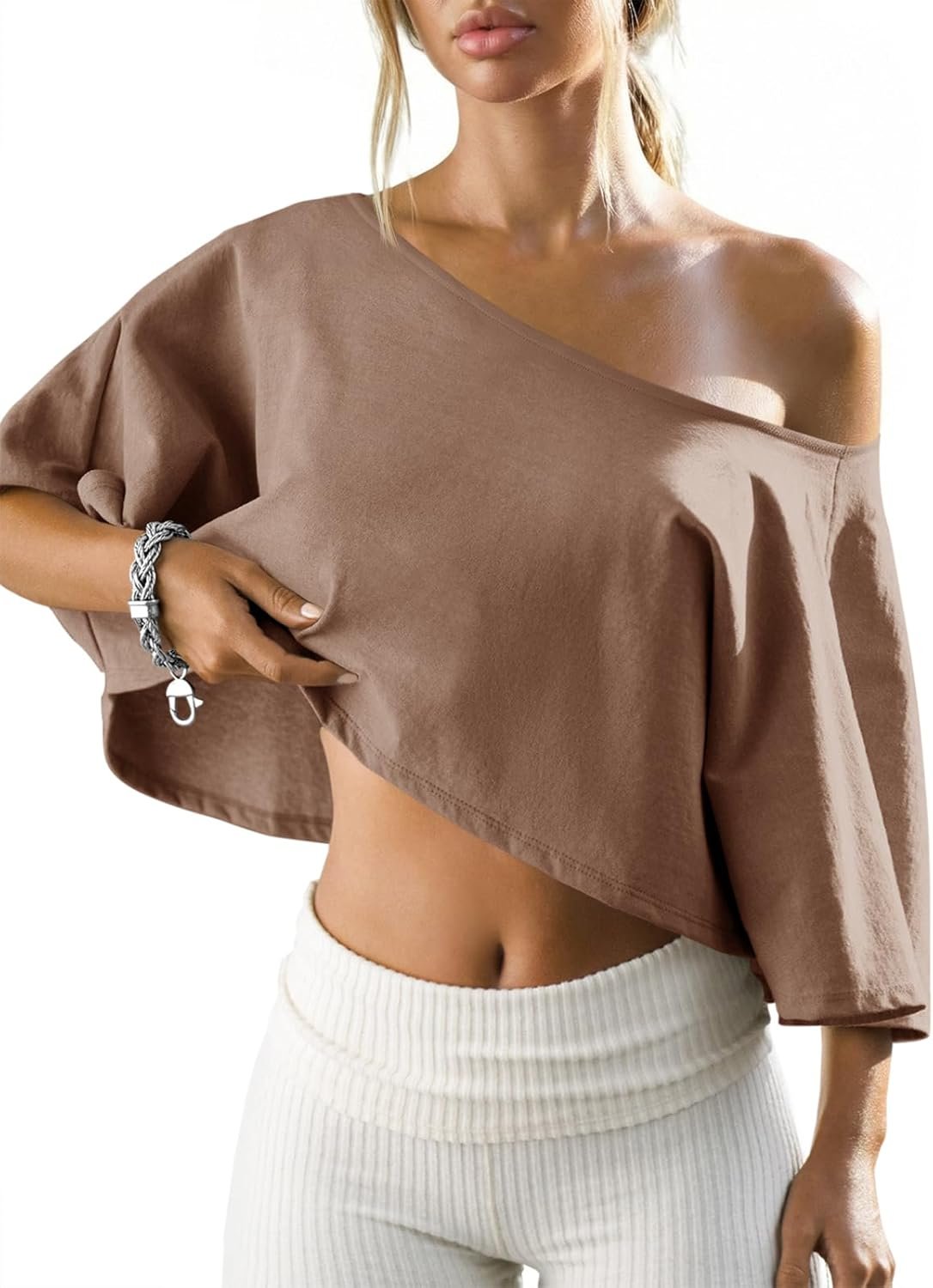 Fisoew Womens Off The Shoulder Cropped Tops Batwing Short Sleeve Workout Shirts Asymmetrical Neck Summer Casual T Shirts