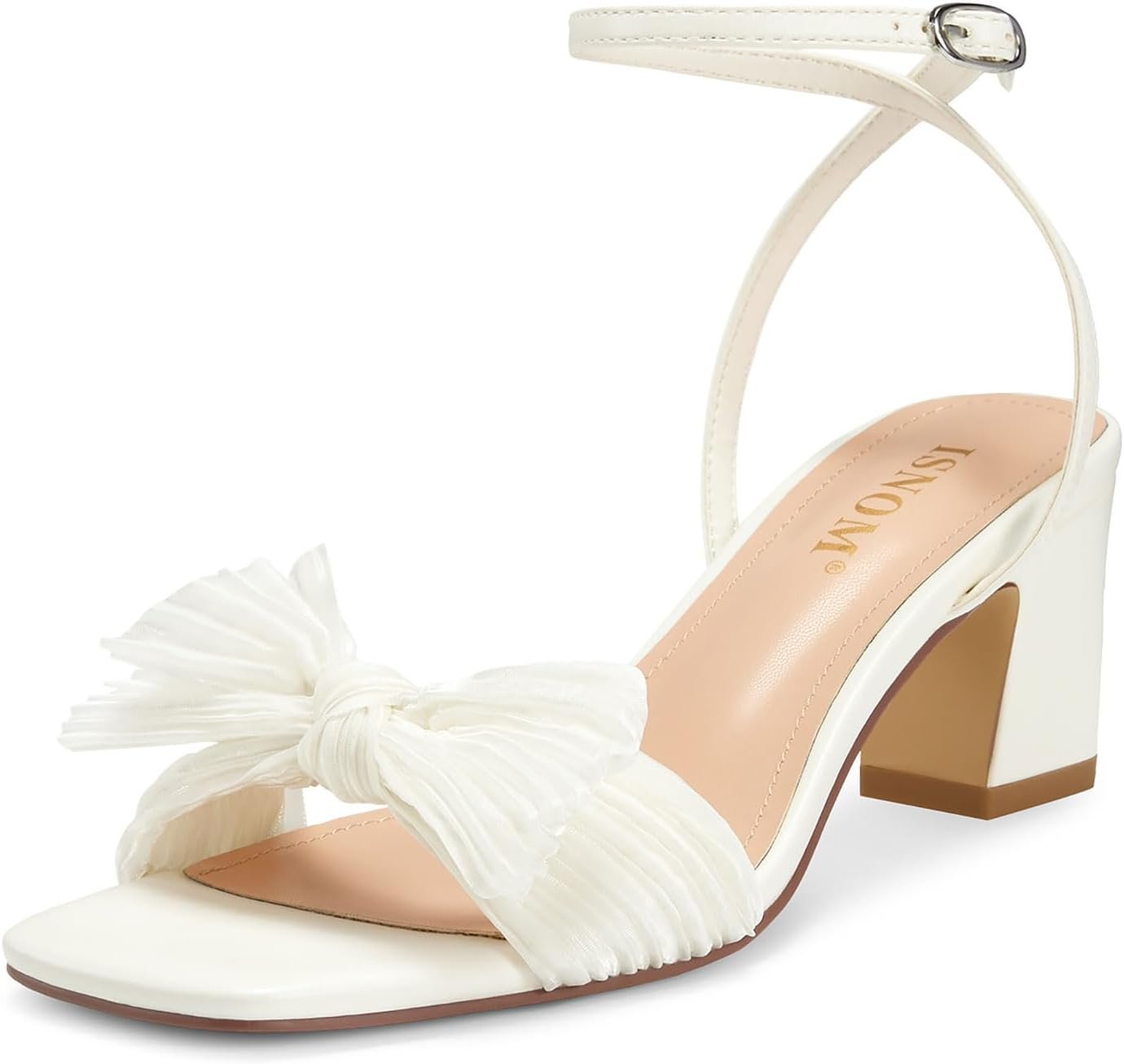 ISNOM Women’s Bow Knot Heeled Sandals Ankle Buckle Strap Open Toe Block Chunky Heels Bride Wedding Party Fashion Heel