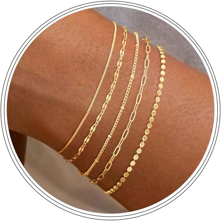 Dainty Simple Gold Bracelets for Women, Stackable Satellite Paperclip Lip Bracelet Set Tiny Lip Dot Chain Box Link for Handmade Gift Minimalist Cute Trendy Jewelry Gold Accessories for Women