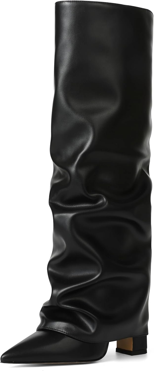SaraIris Women’s Slouchy Knee High Boots – Black, Pointed Toe, Fold Over, Chunky, Shark Boots