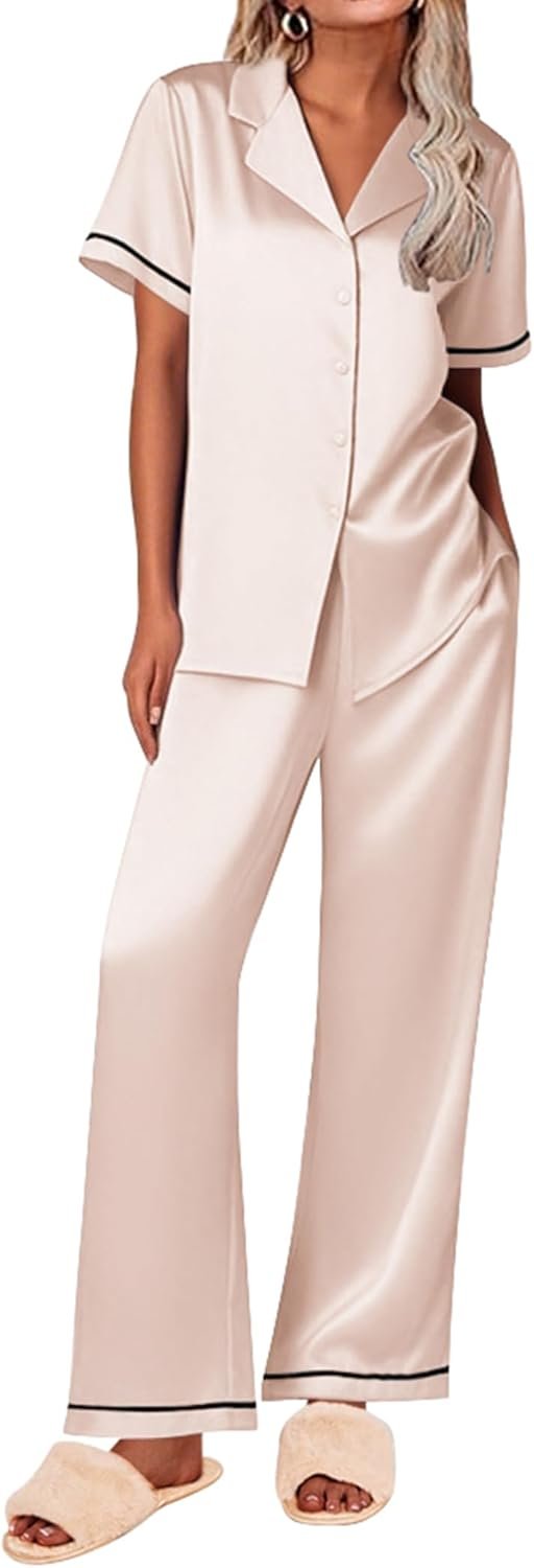 Ekouaer Women’s Silk Pajamas Set Short Sleeve Satin Pjs 2 Piece Soft Loungewear with Pants Button Down Sleepwear