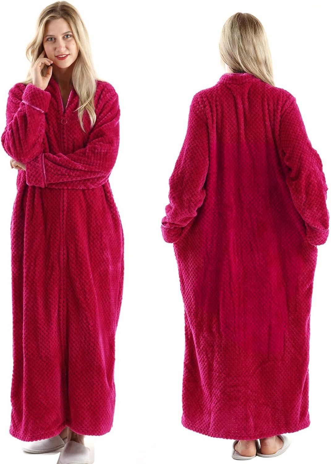 Oksun Womens Fleece Warm Robe: Cozy Flannel Long Zipper Bathrobe – Plush Winter Housecoat Nightgown